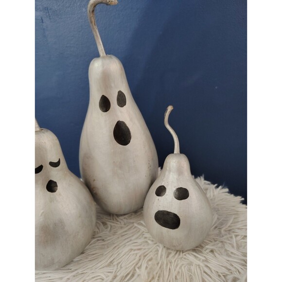Set of 3 Folk Halloween ghost Face Painted  Gourd Faces - Picture 3 of 7